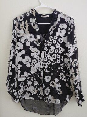 Alice and Olivia Black Sheer Silk Blend Blouse Floral Long Sleeve
